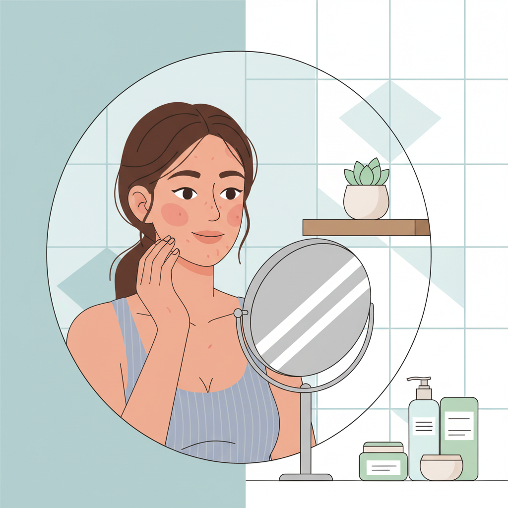 Here is a professional blog illustration for a woman with acne-prone skin looking in a mirror and smiling gently, in a clean, modern style with no text overlay: 