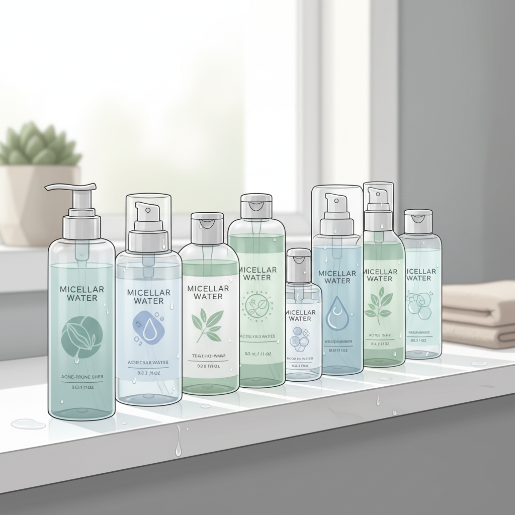 Here's a professional blog illustration for micellar water for acne-prone skin on a clean, modern bathroom shelf: 