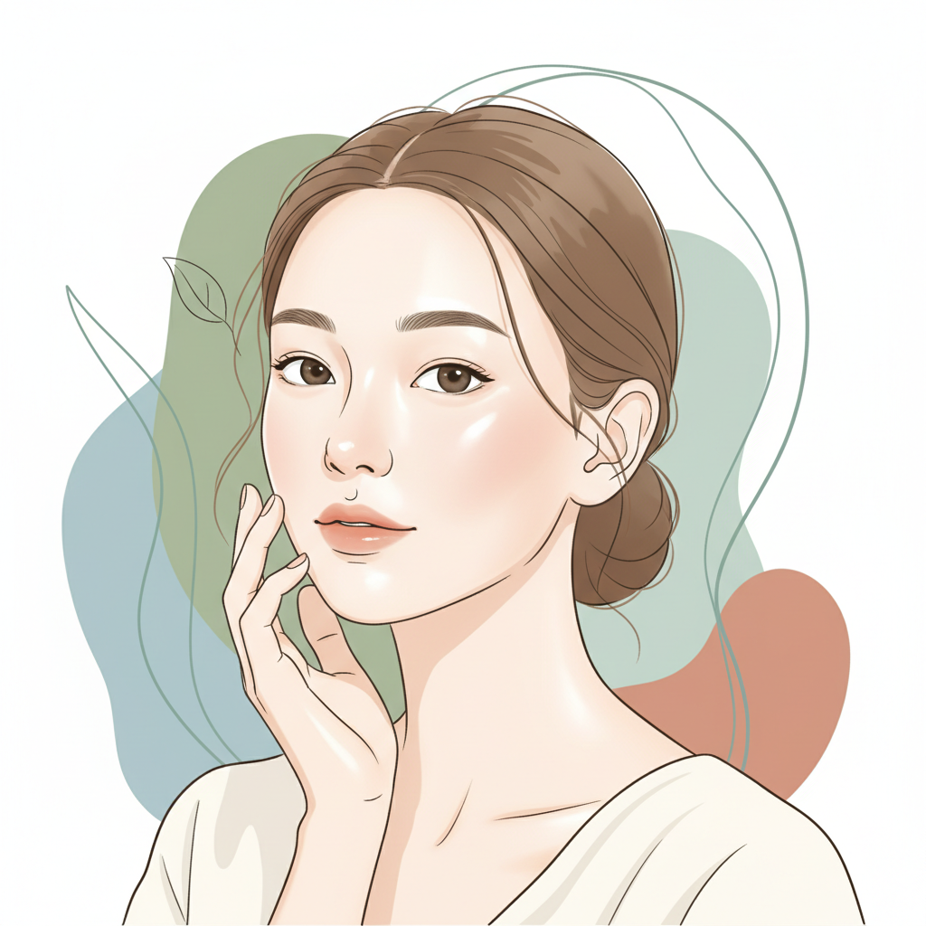 Absolutely! Here's an illustration in a clean, modern style, depicting a woman with balanced combination skin gently touching her face, illuminated by natural light, to represent a skincare concept. 