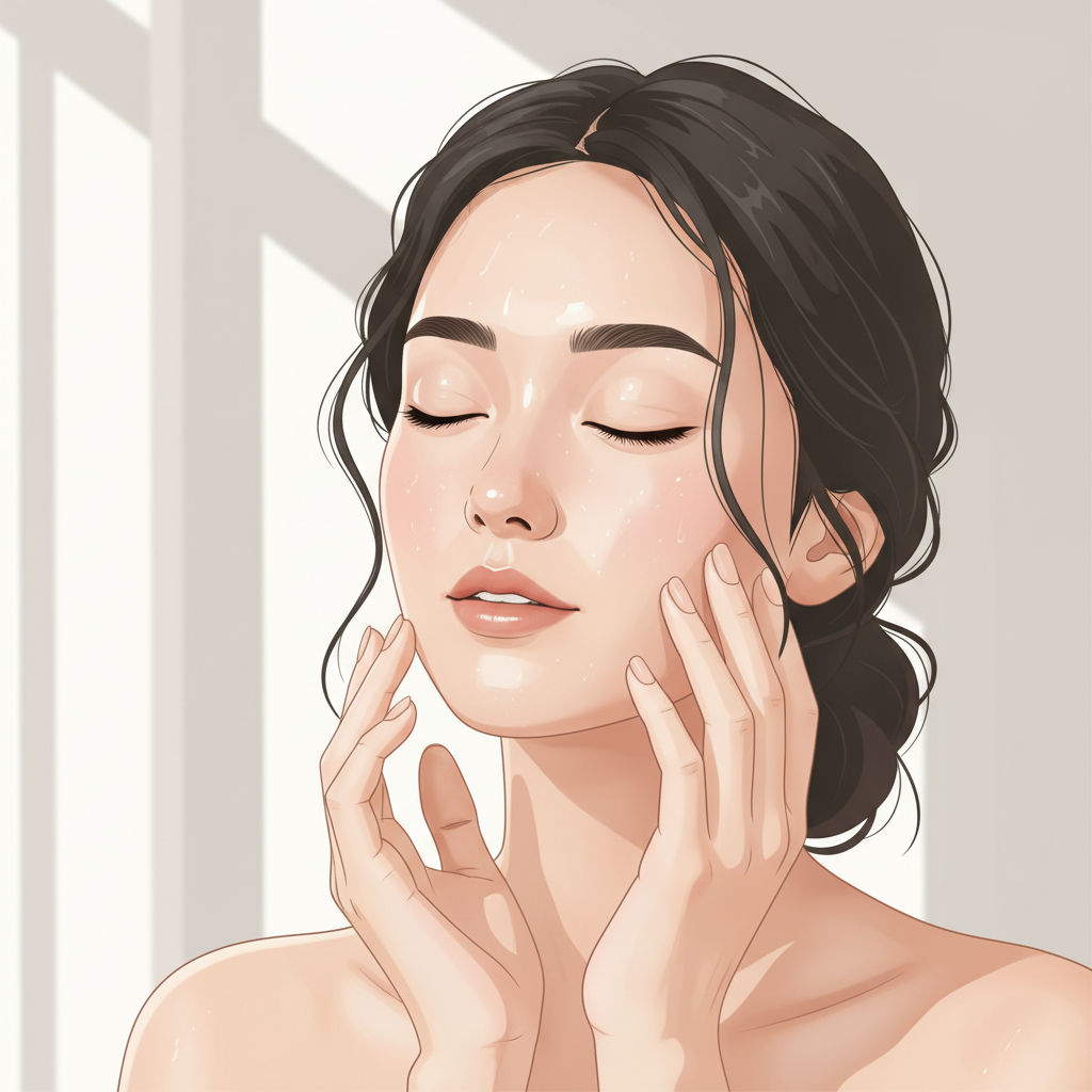 Here is a professional blog illustration for a woman with oily skin, touching her face gently in natural light, embodying a clean and modern skincare concept: 