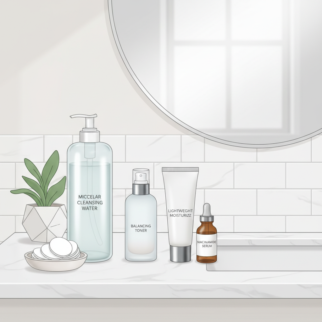 skincare routine for oily skin bathroom counter with micellar water and cotton pads