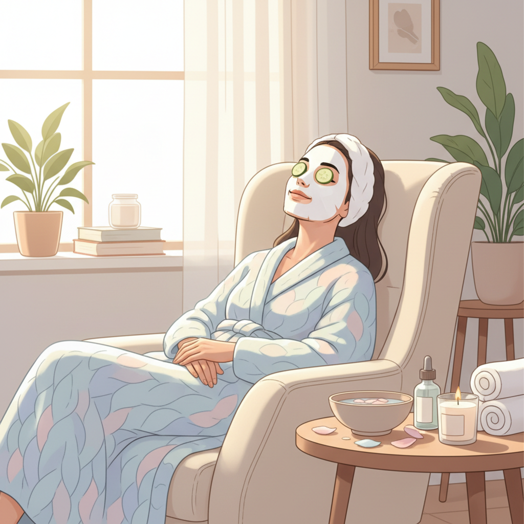 Here's a professional blog illustration for a relaxed woman with a sheet mask on her face at a home spa day, in a clean, modern style with no text overlay. 