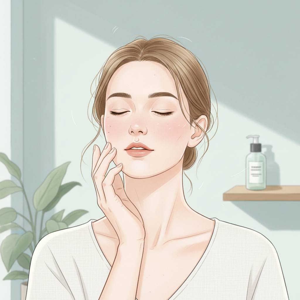 woman with sensitive skin touching face gently natural light skincare concept