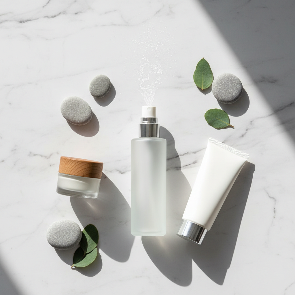 Spray de água termal em flatlay sobre superfície de mármore com iluminação natural e estética minimalista.