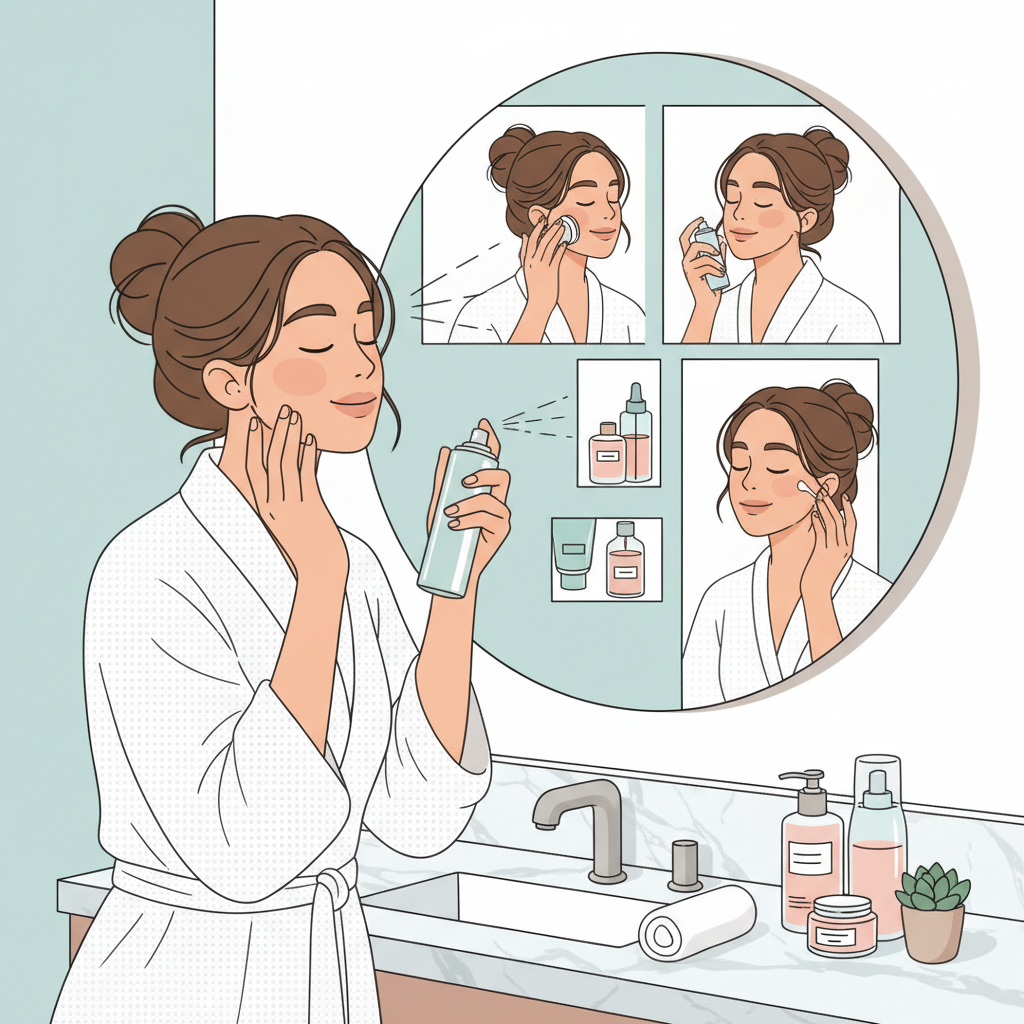 Mulher borrifando água termal no rosto em frente ao espelho do banheiro durante rotina de skincare passo a passo.