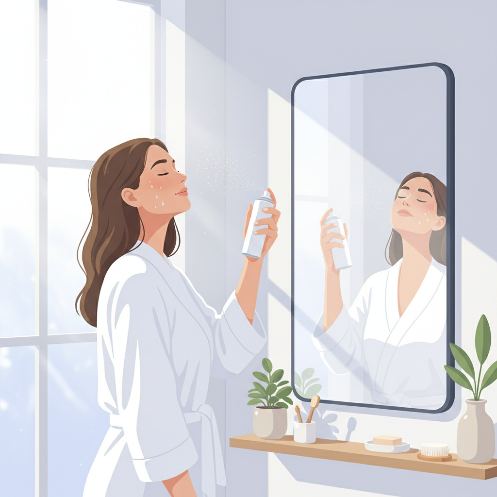 Mulher aplicando spray de água termal no rosto em frente ao espelho do banheiro com iluminação natural.