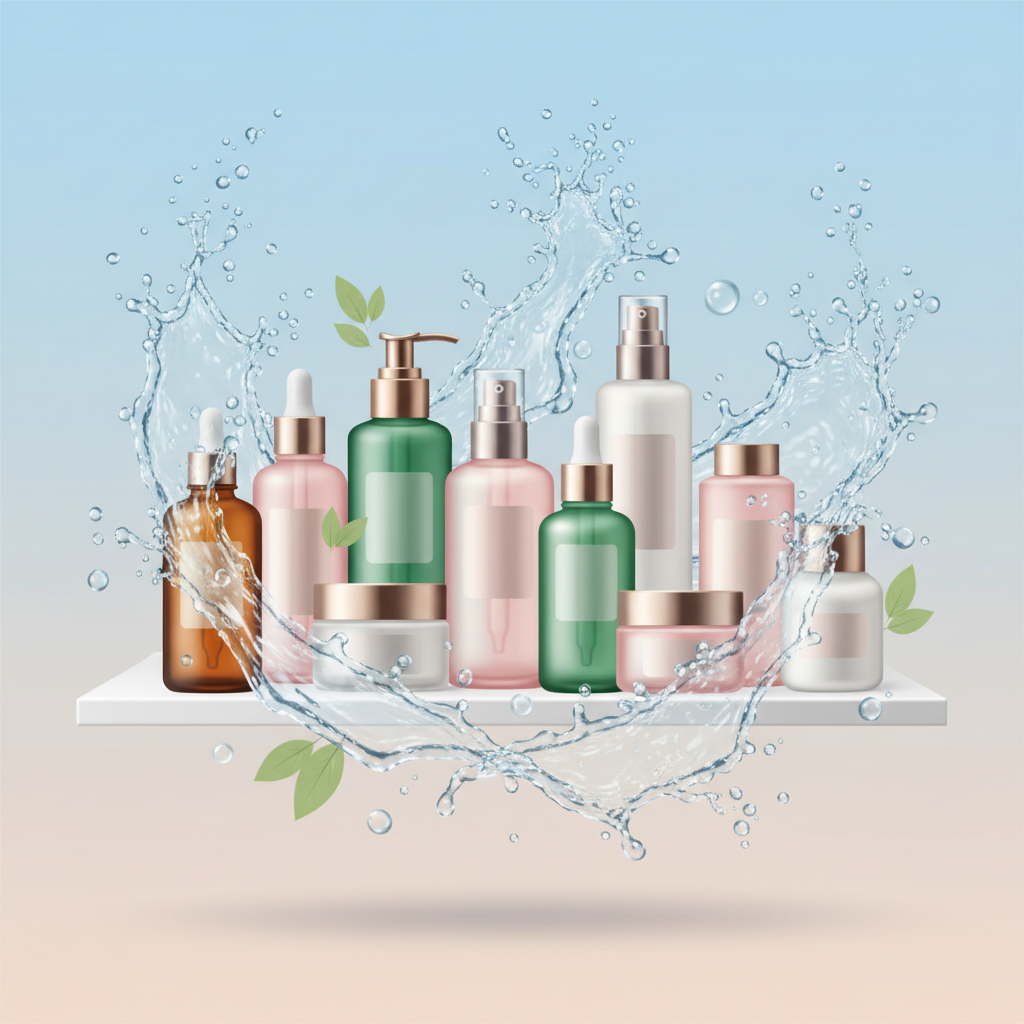 Prateleira de skincare com diversos produtos de beleza, frascos coloridos e textura de spray de água refrescante.