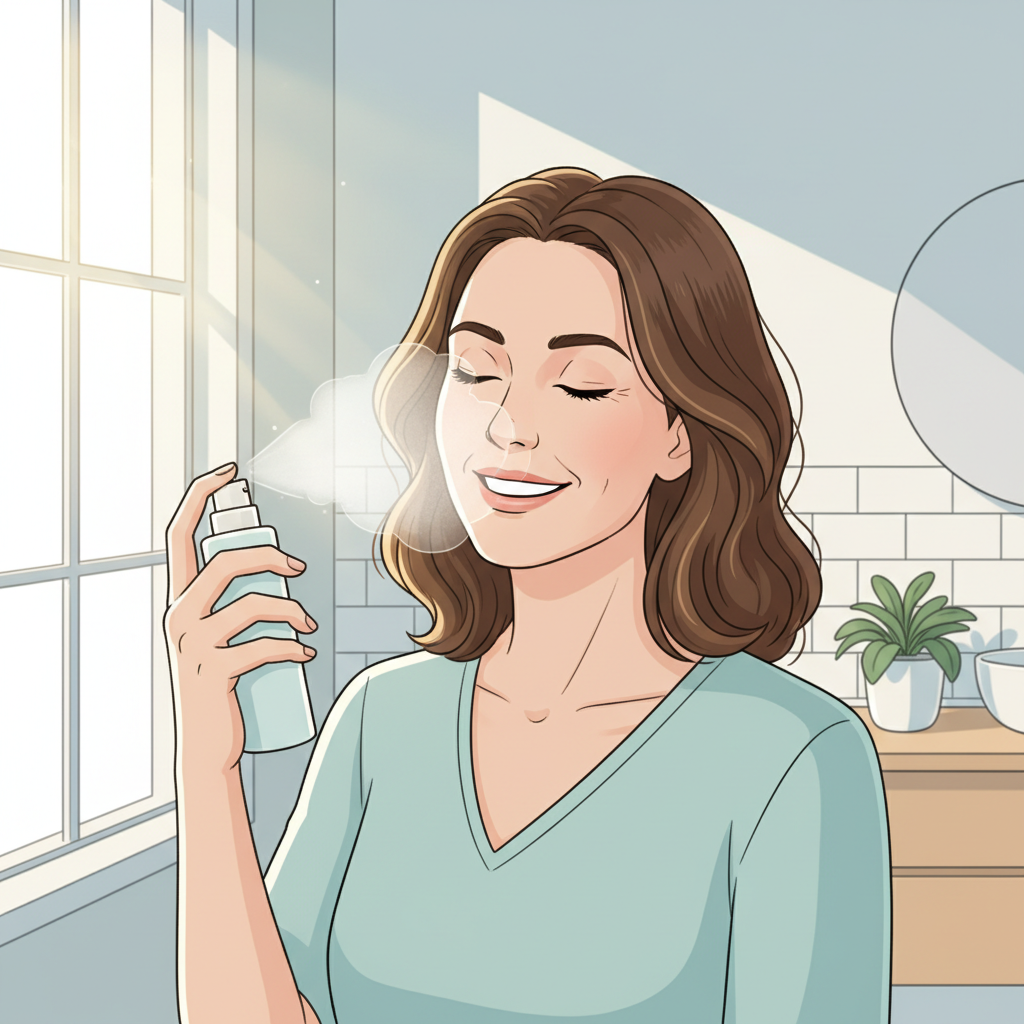 Mulher sorridente borrifando spray facial no rosto sob a luz do sol da manhã com os olhos fechados.