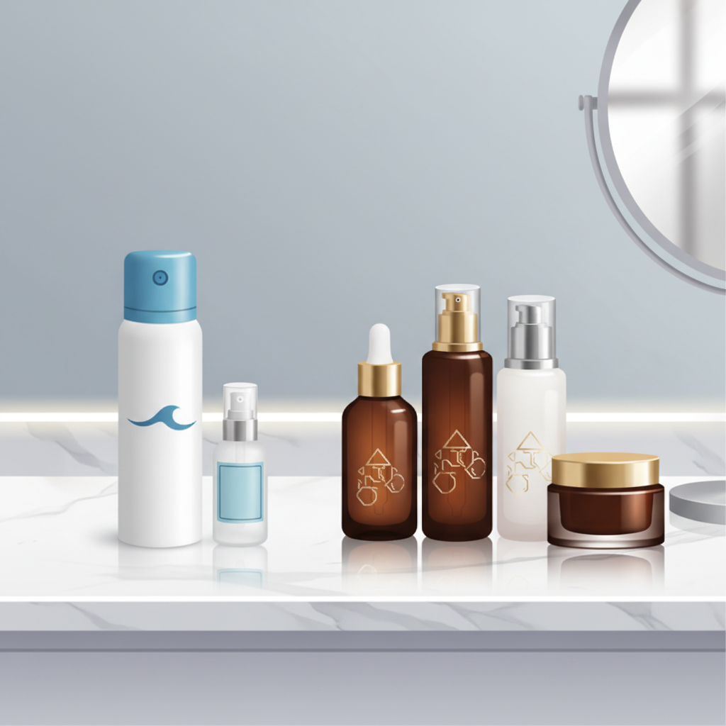 Comparação entre spray de água termal de farmácia e frascos de skincare premium sobre uma penteadeira elegante.