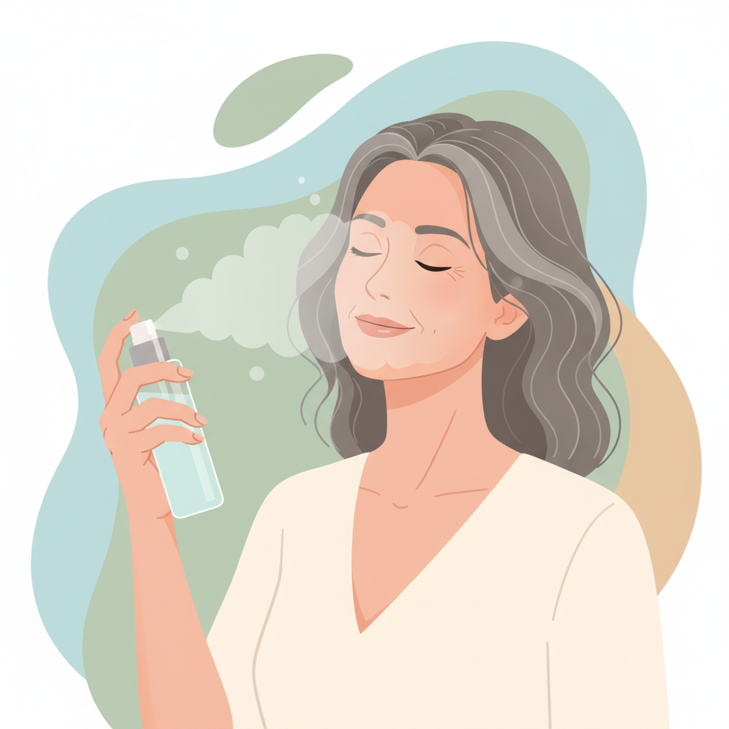 Mulher madura sorrindo de olhos fechados borrifando spray facial relaxante na pele do rosto.