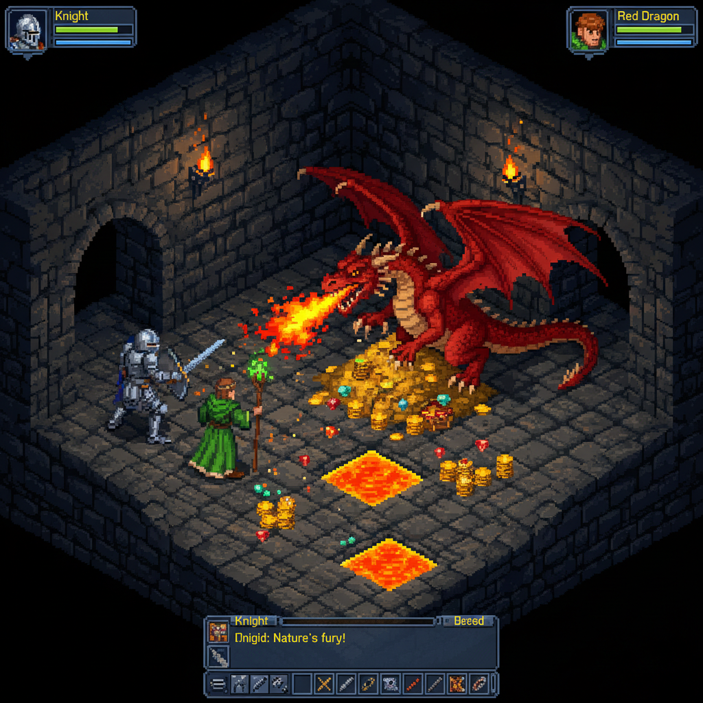 Pixel art de um cavaleiro e um druida enfrentando um dragão vermelho em uma masmorra de Tibia.