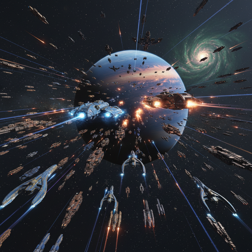 Batalha espacial épica com milhares de naves espaciais futuristas disparando lasers coloridos no vácuo do espaço profundo.