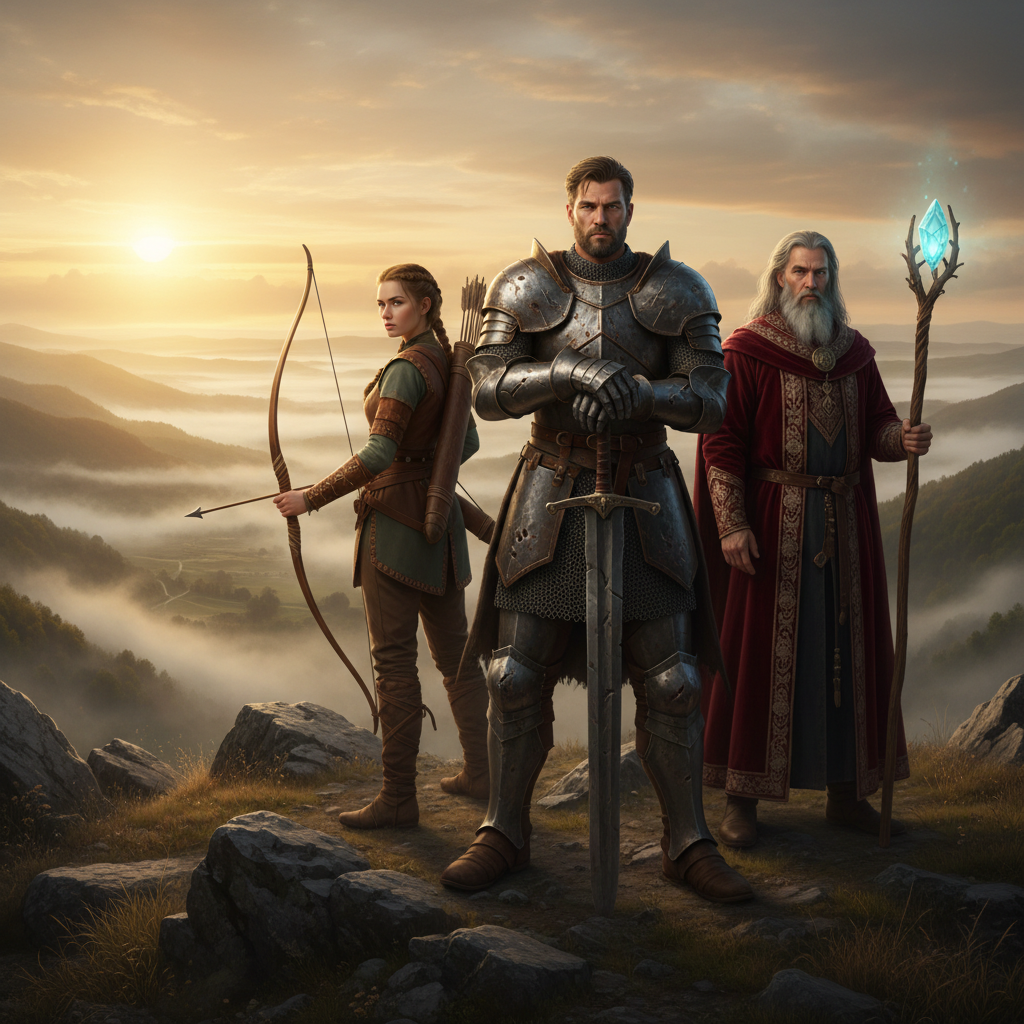 Três personagens de RPG: um guerreiro de armadura, uma arqueira e um mago em um cenário místico ao amanhecer.