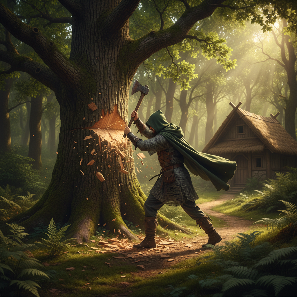 Personagem de RPG cortando uma grande carvalho em uma floresta ensolarada com machado de ferro.