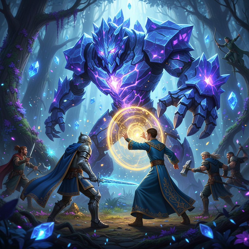 Cena épica de combate em um MMORPG de fantasia com guerreiros e magia em uma floresta mágica.