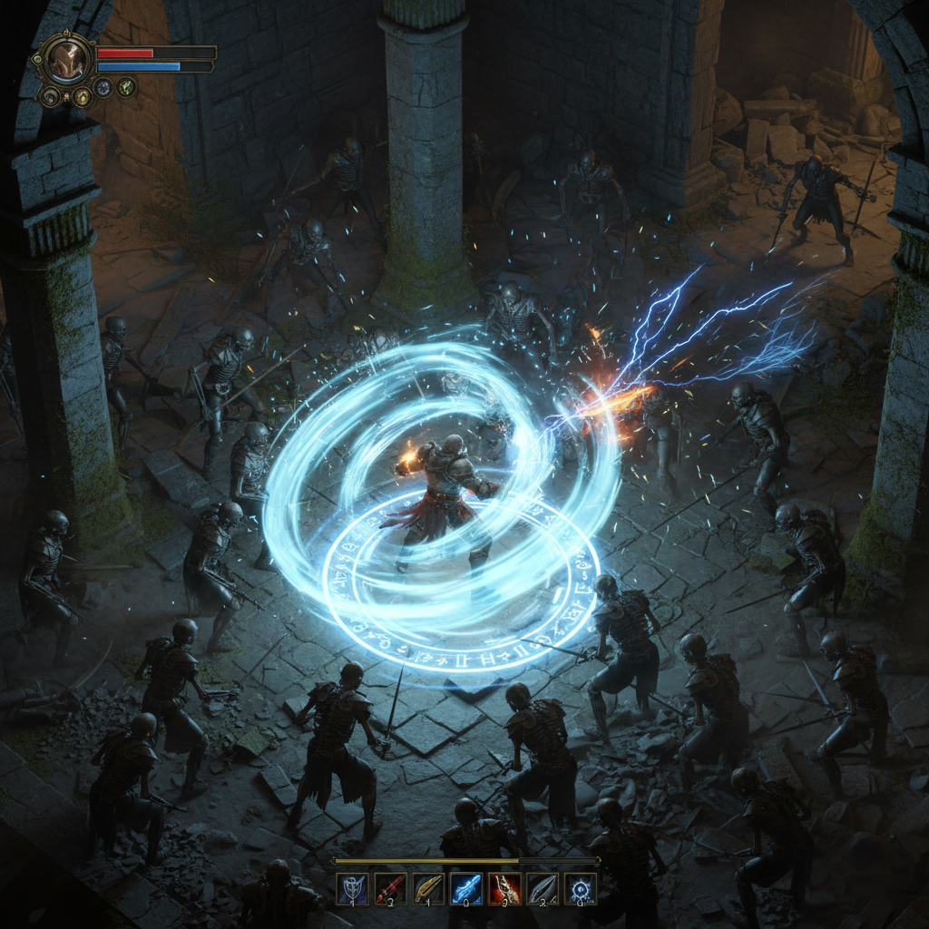 Combate intenso em jogo de RPG isométrico com efeitos mágicos azuis e hordas de inimigos em uma masmorra.