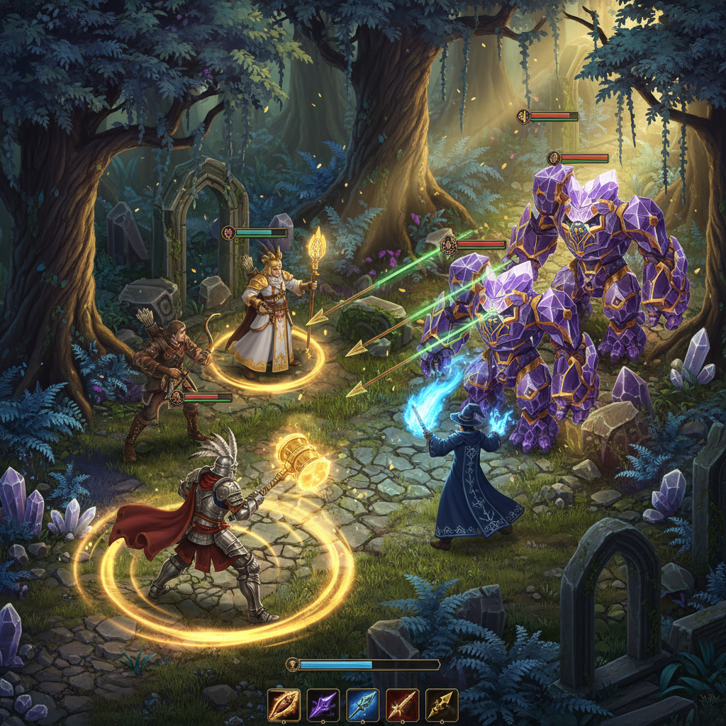 Cena de combate fantástico em estilo isométrico com aventureiros enfrentando golens em uma floresta mágica.