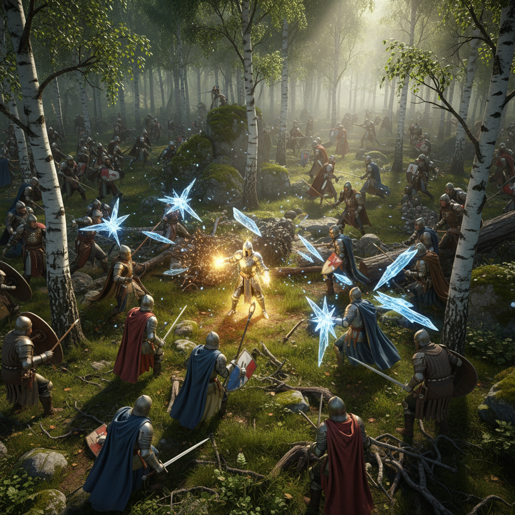 Batalha épica de fantasia medieval entre grupos de guerreiros e magos em uma floresta densa com efeitos mágicos.
