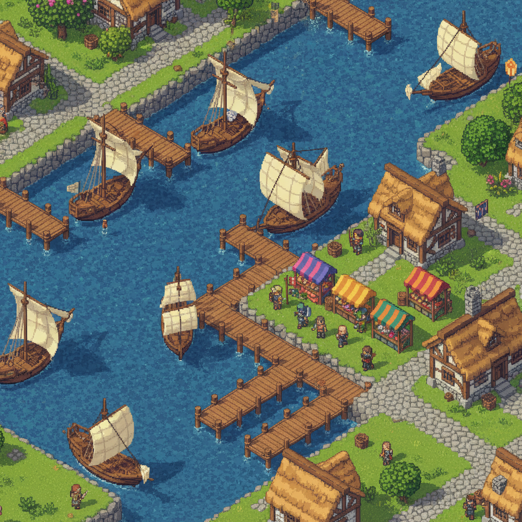 Visão isométrica em pixel art de um porto de fantasia com barcos, casas de pedra e gramado verde vibrante.