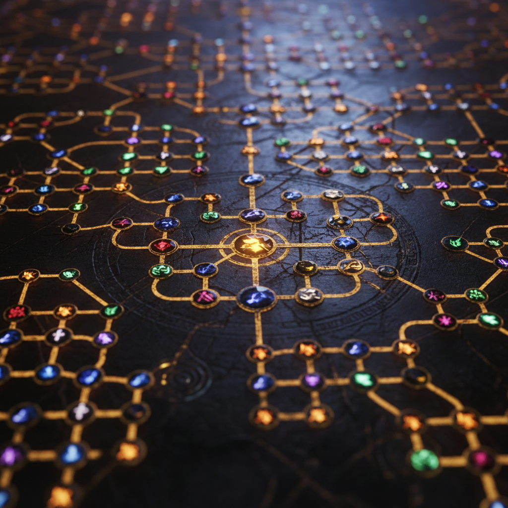 Visão macro de uma complexa árvore de habilidades RPG com milhares de conexões brilhantes em tons de dourado e azul.
