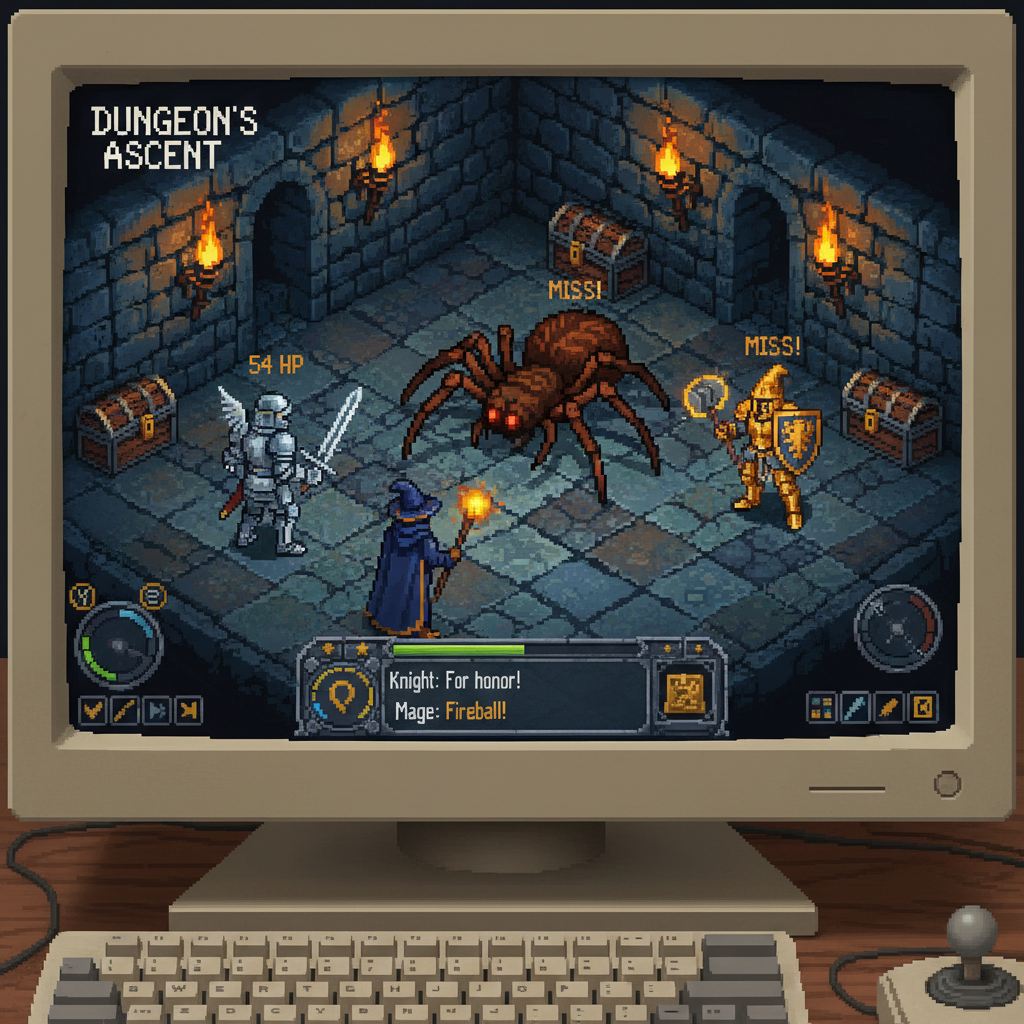 Gameplay de MMORPG retrô em perspectiva isométrica com gráficos pixel art de fantasia medieval e masmorras.