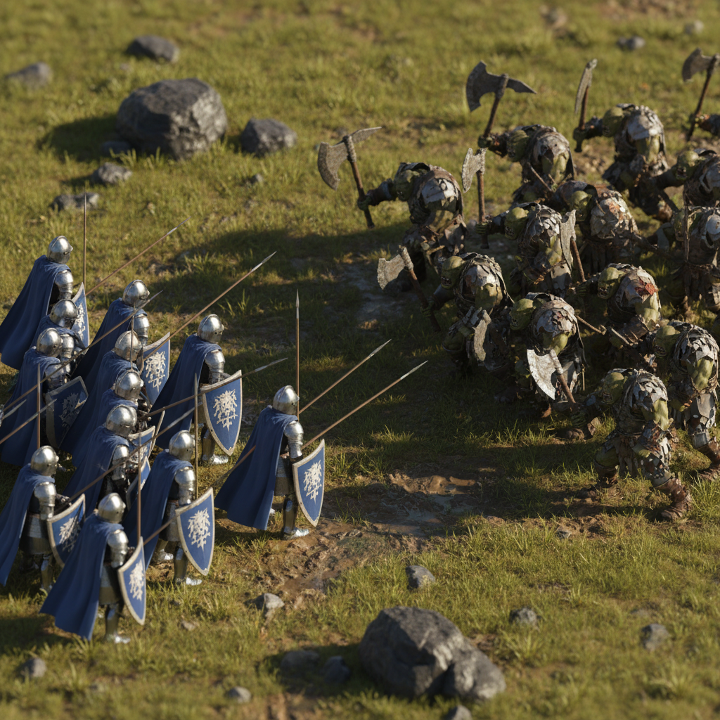 Batalha épica isométrica entre cavaleiros de armadura e orcs em um campo de batalha medieval de fantasia.
