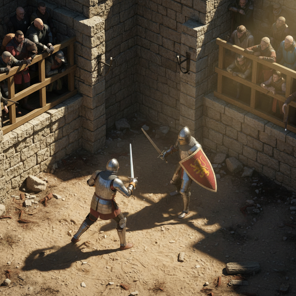 Duelo medieval realista em arena de pedra com guerreiros em armaduras de placas sob luz solar dramática.