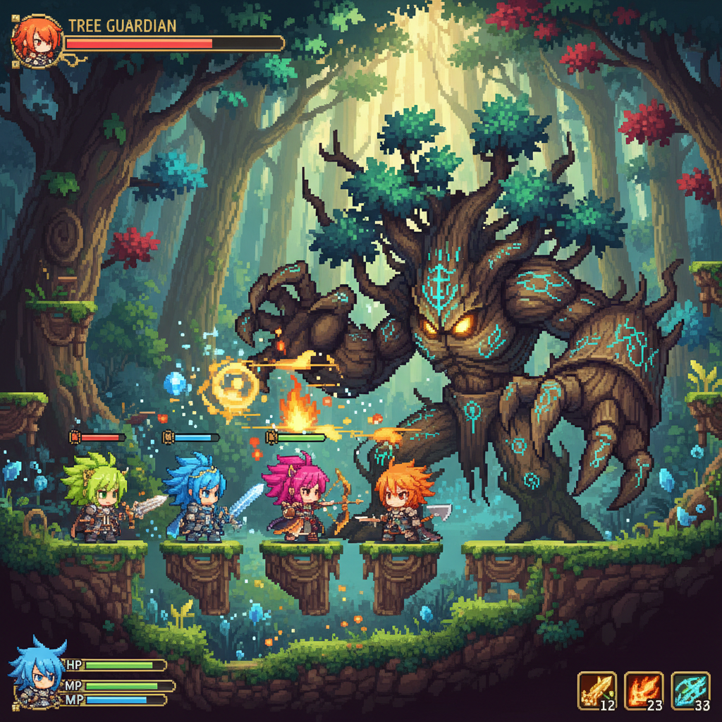 Combate épico contra um boss gigante em arte pixelada inspirado no estilo clássico de RPG side-scrolling.