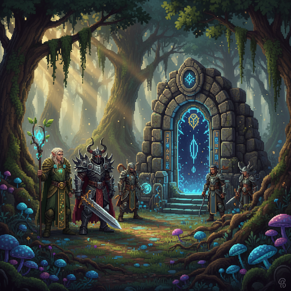 Cenário de fantasia medieval em uma floresta mágica com heróis e um portal de pedra, estilo RPG clássico.