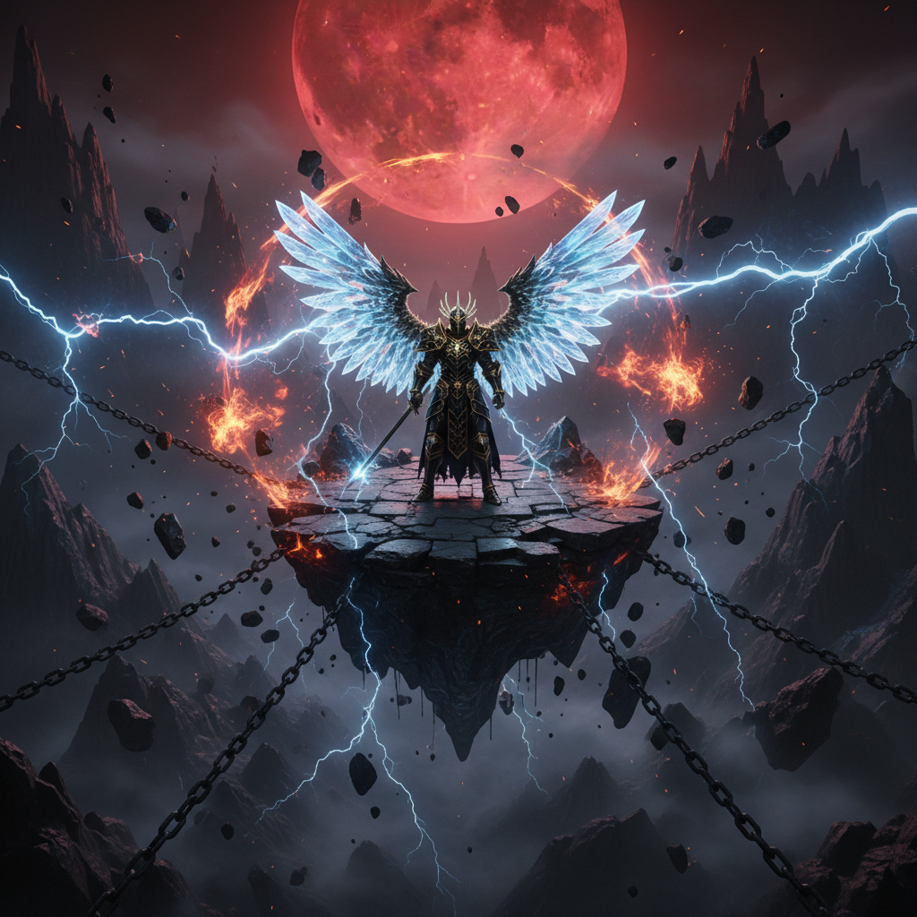 Guerreiro com asas brilhantes em uma arena gótica flutuante sobre um abismo em cenário de MMORPG de fantasia sombria.