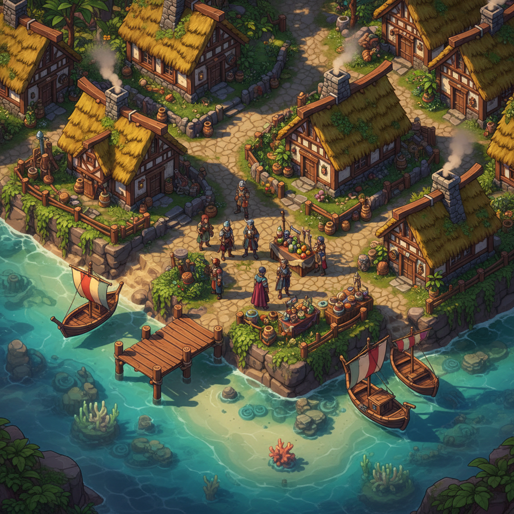 Visão isométrica de uma vila costeira em um jogo de RPG online com casas de palha e barcos de pesca.