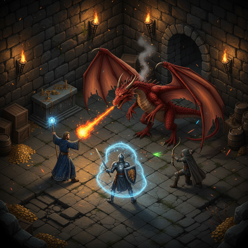 Personagens de RPG isométrico lutando contra um dragão vermelho em uma masmorra de pedra com tochas.