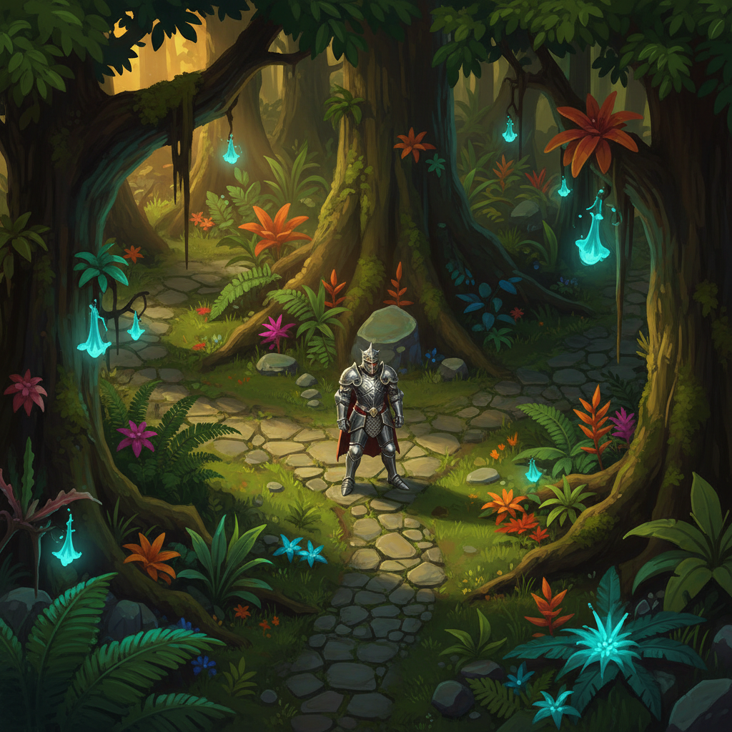 Guerreiro de armadura em uma floresta tropical densa em um jogo de visão isométrica estilo MMORPG medieval.