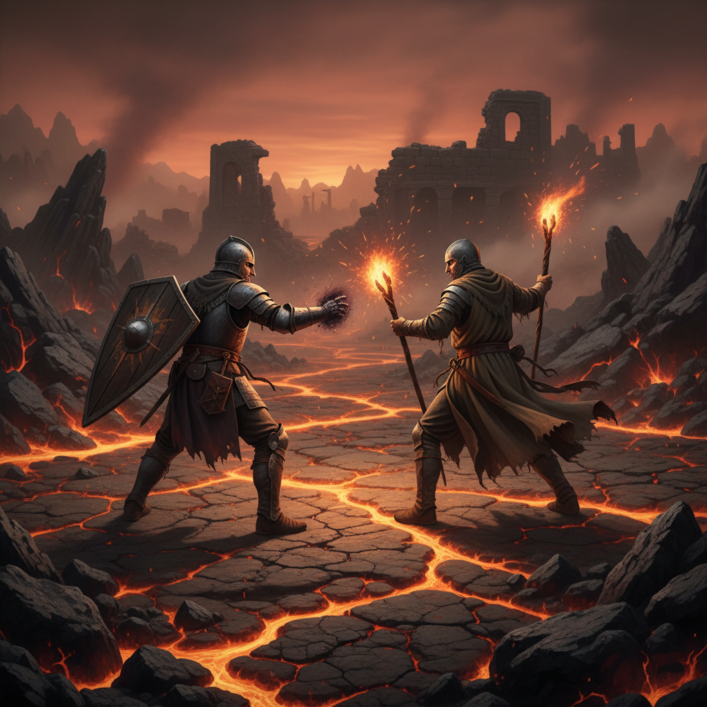 Guerreiros em armaduras duelando em uma terra vulcânica desolada com lava e ruínas antigas ao fundo.