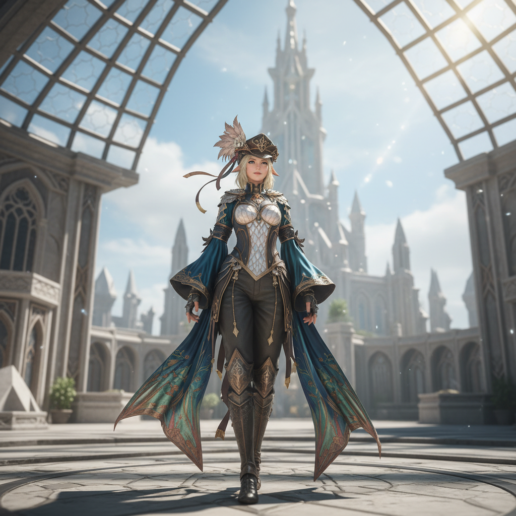 Personagem de Final Fantasy XIV com trajes detalhados e elegantes em frente à arquitetura de cristal da cidade de Crystarium.