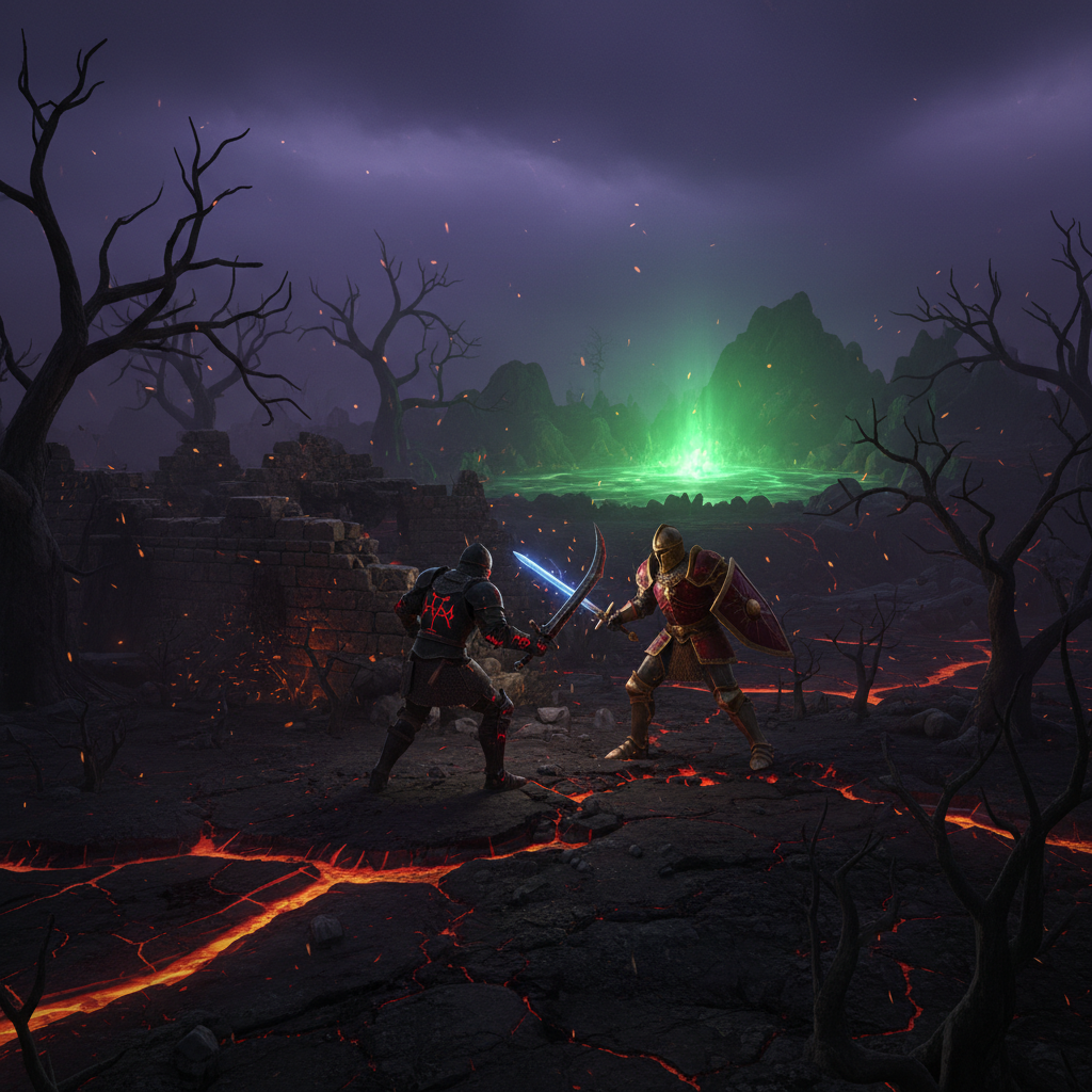 Guerreiros medievais duelando em um cenário desolado de fantasia com lava e ruínas de pedra ao entardecer.