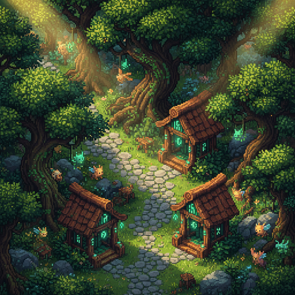 Cenário de fantasia medieval em floresta mágica com luz etérea, inspirado no estilo visual de Warspear Online.