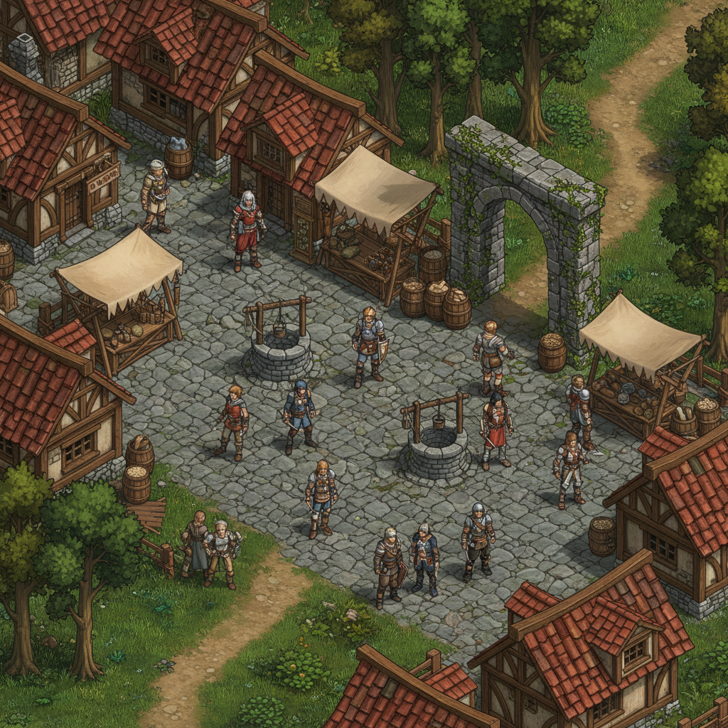 Cenário de RPG online isométrico com vilarejo medieval, casas de pedra e gramado detalhado em estilo fantasia.