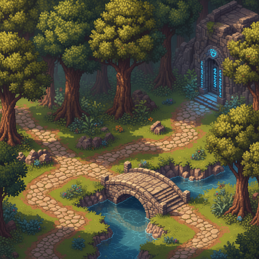Vista isométrica de uma paisagem de RPG clássico em 2D com florestas, caminhos de pedra e masmorras misteriosas.