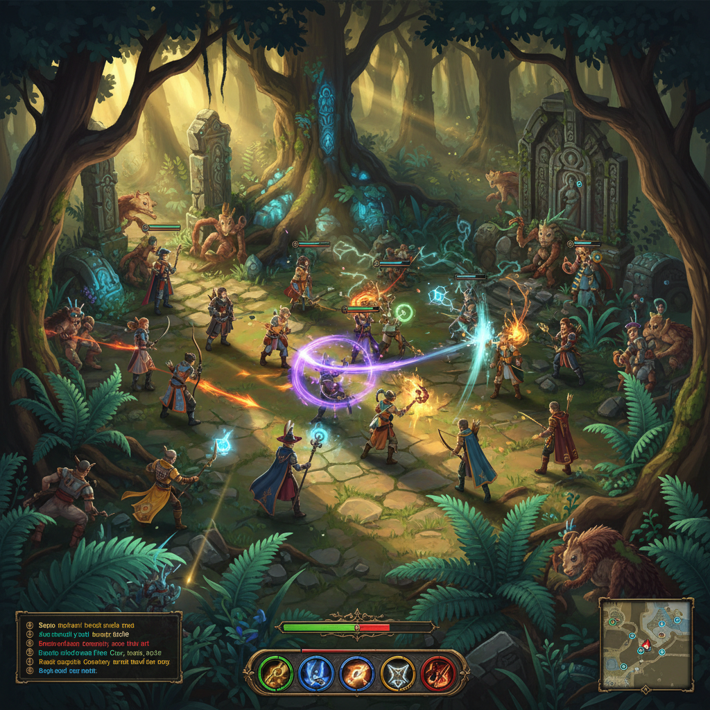Personagens lutando contra monstros em uma floresta mágica com gráficos detalhados inspirados em Tree of Savior.
