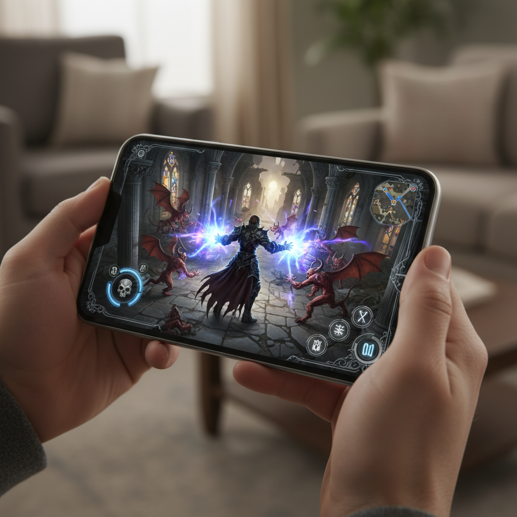 Smartphone rodando jogo de RPG de ação com gráficos sombrios e efeitos mágicos em uma catedral em ruínas.
