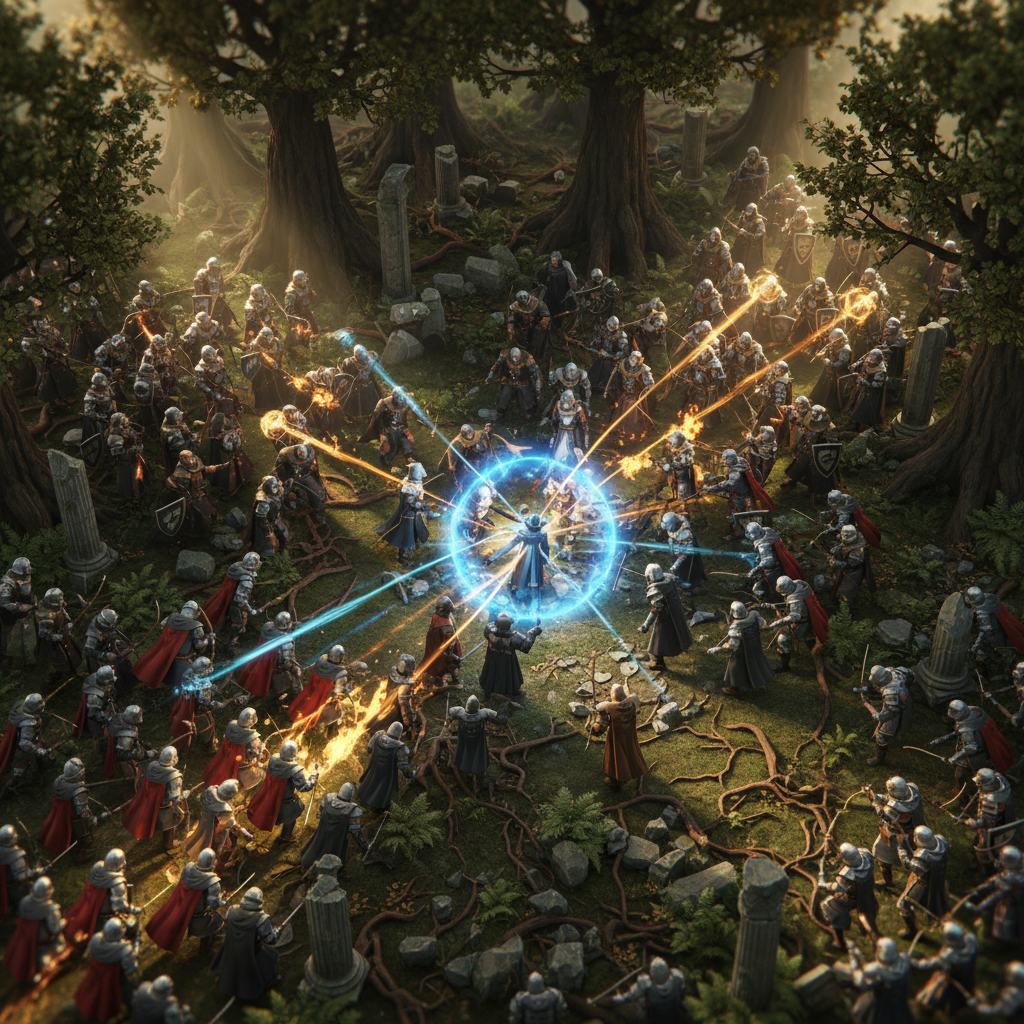 Batalha épica de RPG em visão isométrica com heróis lutando em uma floresta detalhada.