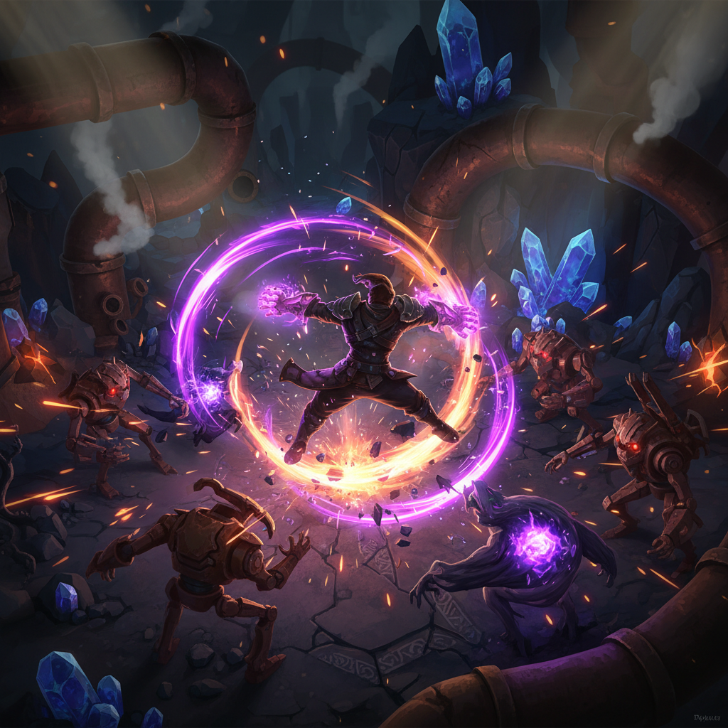 Cena de combate acelerado em RPG de ação com efeitos de luz neon, poderes roxos e faíscas em arena industrial.