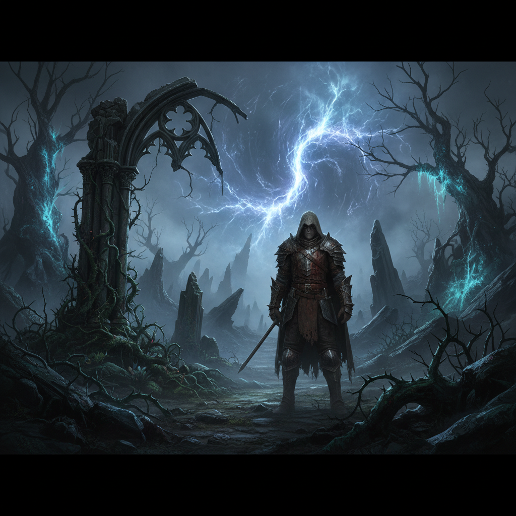 Guerreiro explorando ruínas góticas sombrias com névoa e cristais brilhantes em um cenário de RPG de fantasia sombria.
