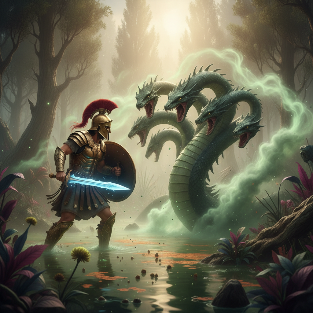 Heroi grego enfrentando a Hidra de Lerna em um pântano sombrio, estilo RPG de ação em alta definição.
