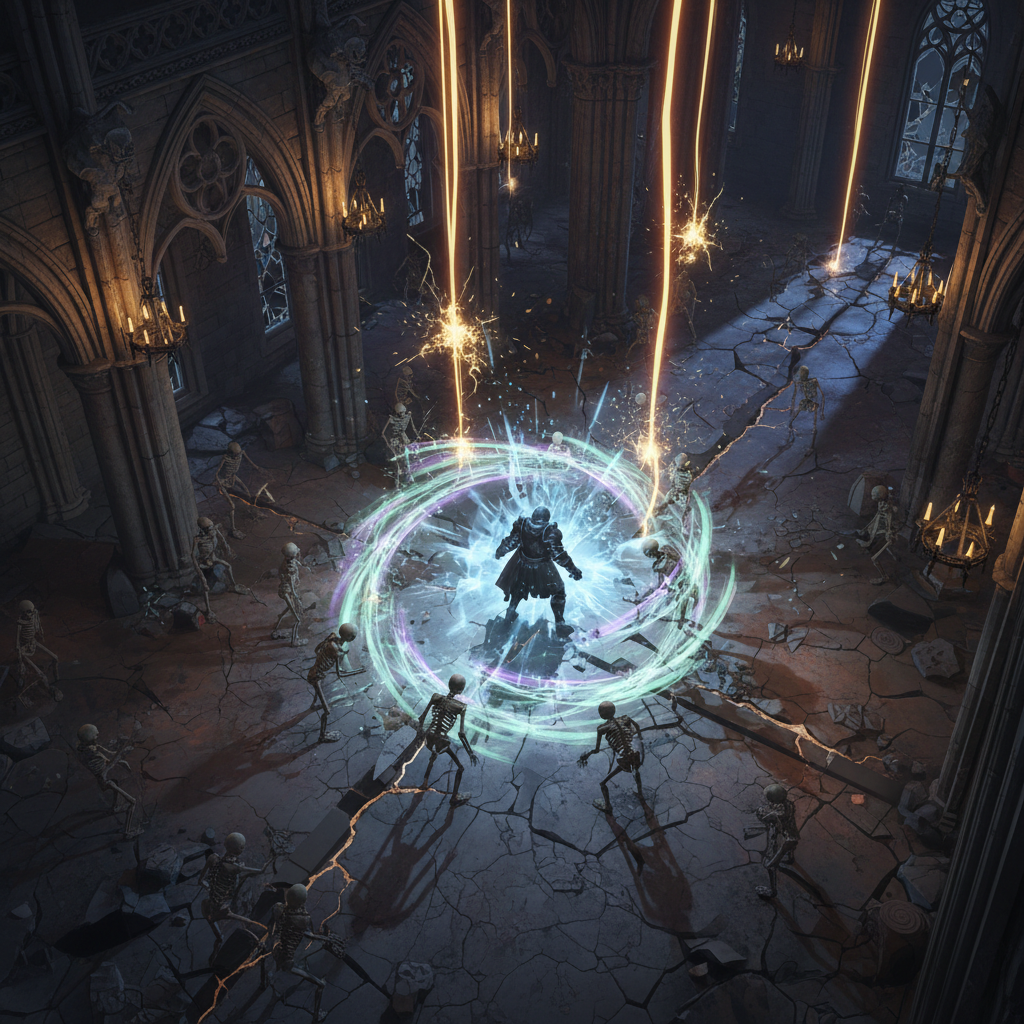 Cena de combate intenso em RPG de ação com efeitos de gelo e eletricidade contra esqueletos em uma catedral.