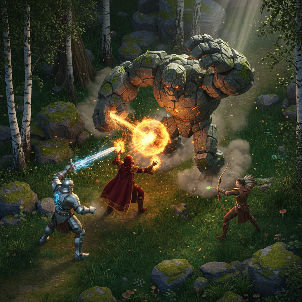 Grupo de aventureiros em combate contra um golem de pedra em uma floresta, vista isométrica de RPG de ação.
