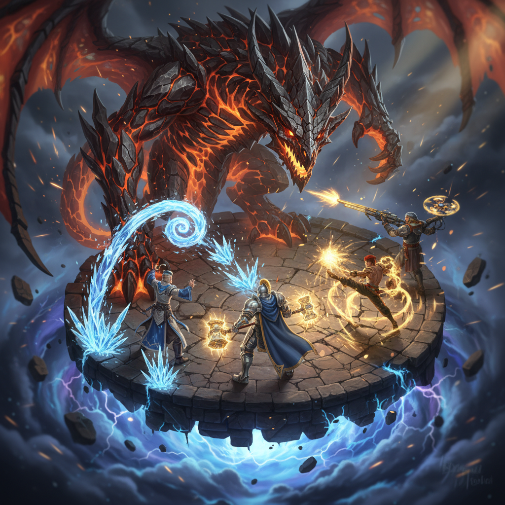 Visão isométrica de heróis enfrentando um chefe dragão gigante em um cenário de fantasia épica para MMORPG.