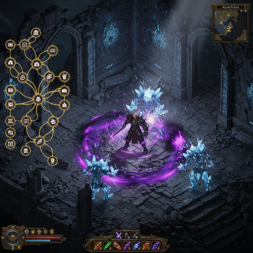 Interface de árvore de habilidades e combate mágico em um RPG de ação isométrico no estilo Last Epoch.