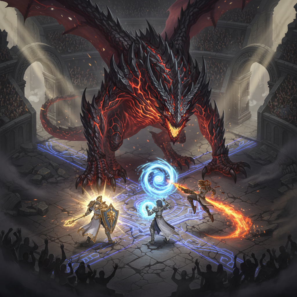 Personagens de RPG em batalha isométrica contra um dragão gigante em uma arena de pedra com runas mágicas.